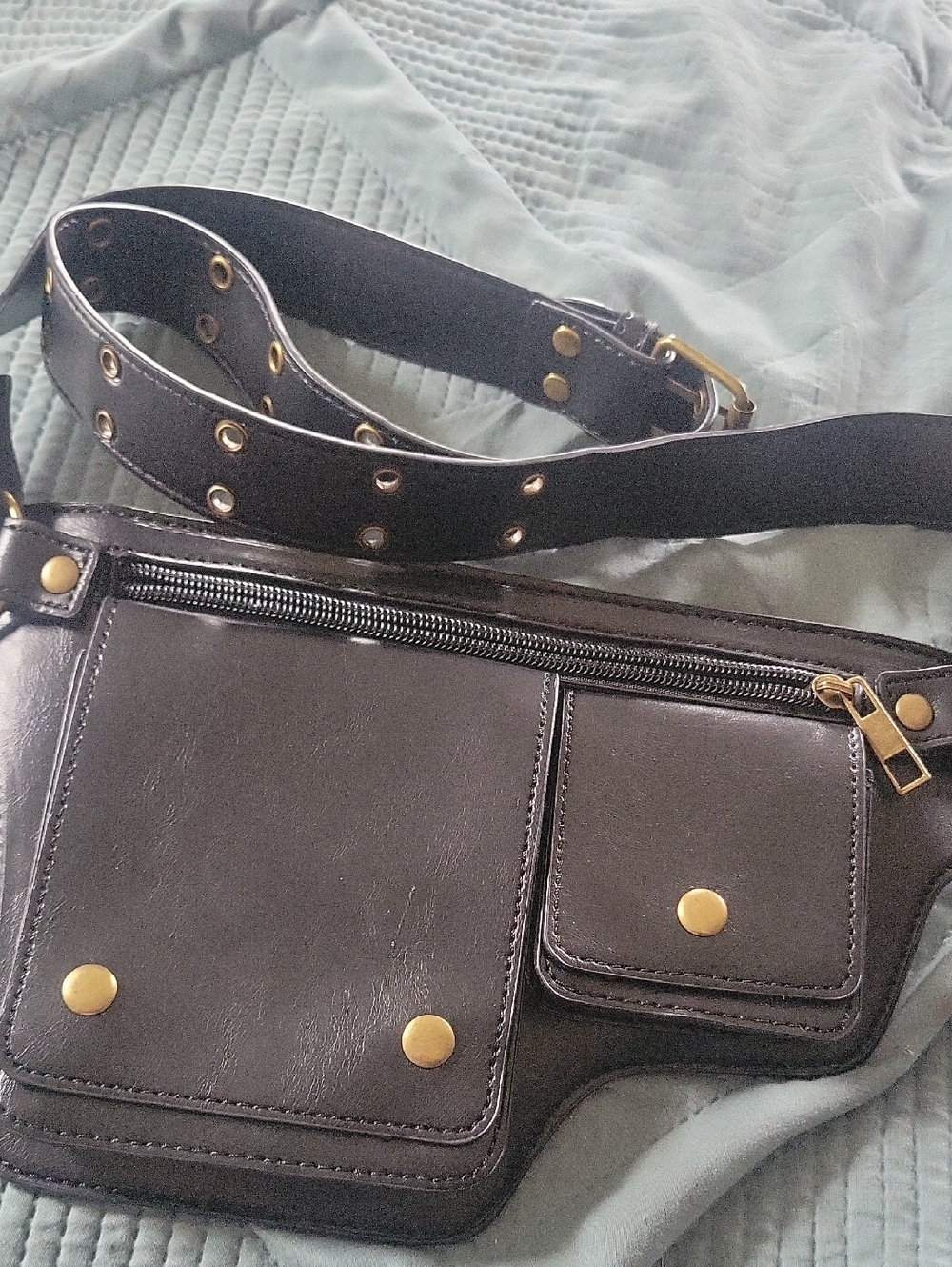 Black Faux Leather Belt Bag with Gold Hardware